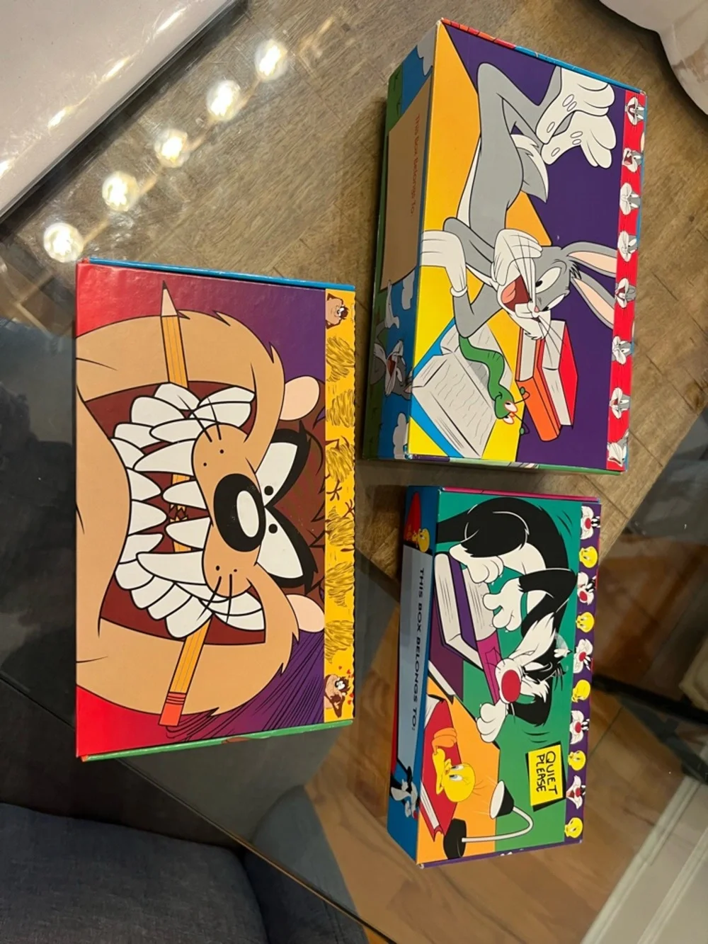 vintage 1990s Looney Tunes cardboard pencil boxes featuring characters